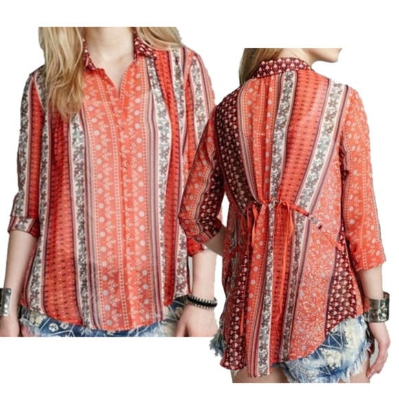 Free People Tops - Free People moonlight miles coral patterned sheer blouse Size Large Boho